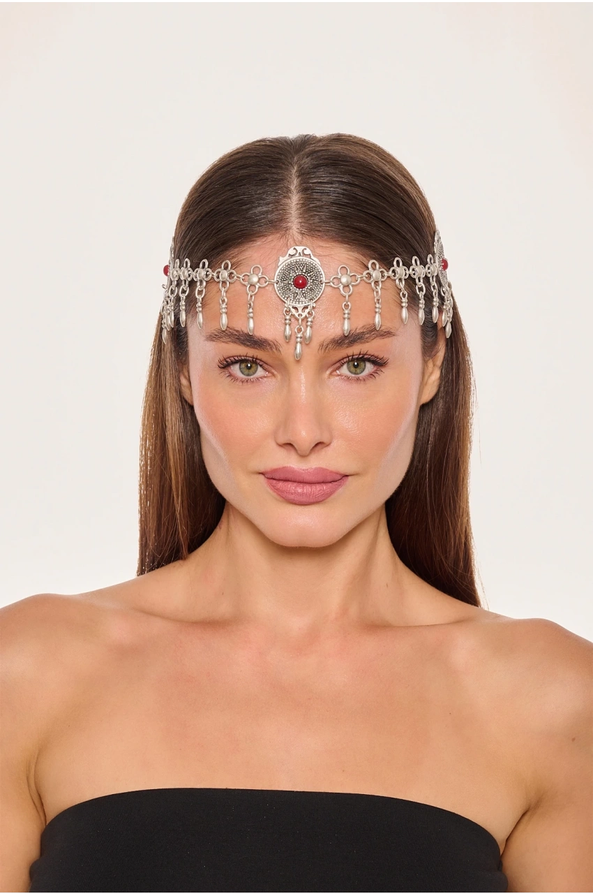 Kiraz Burgundy Stoned Silver Plated Head Accessory