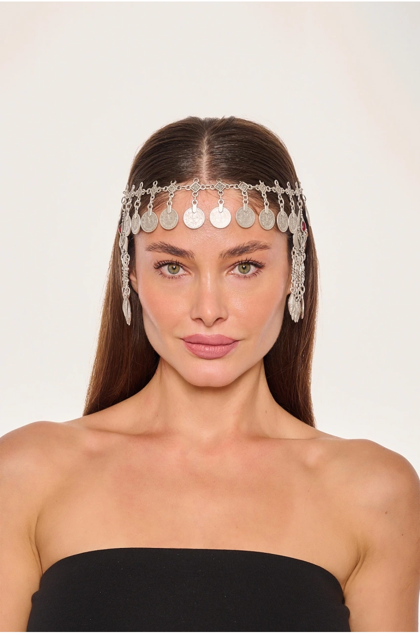 Kiraz Burgundy Stoned Silver Plated Head Accessory