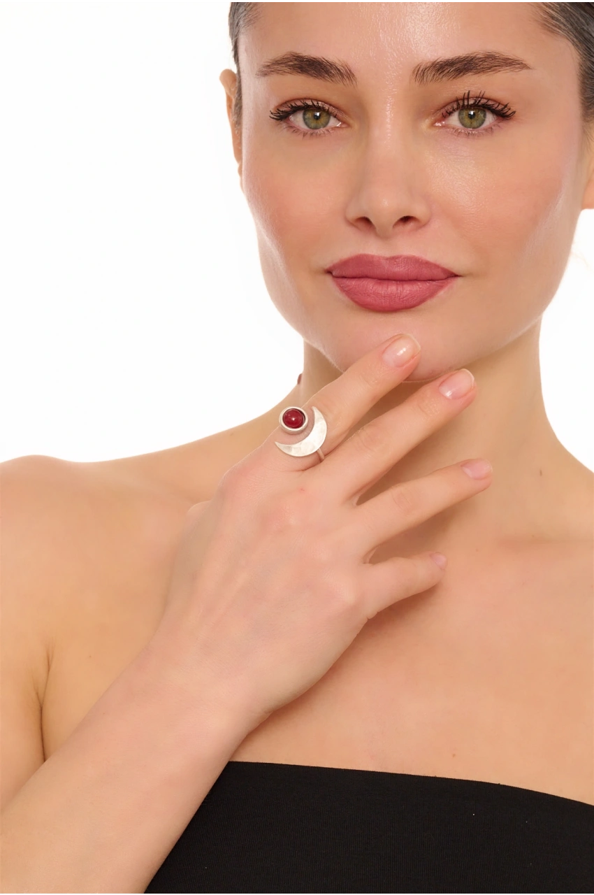 Kiraz Burgundy Stoned Silver Plated Moon Ring