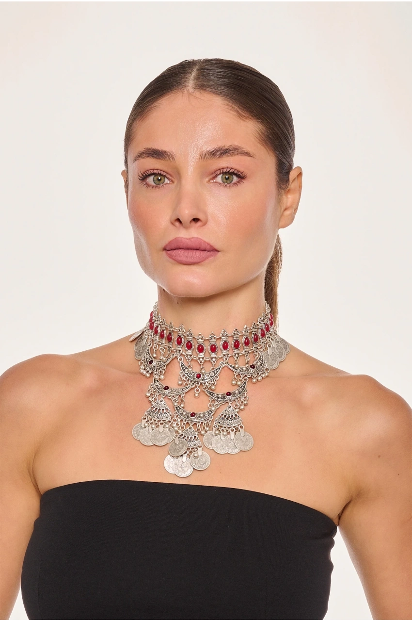 Kiraz Burgundy Stoned Silver Plated Necklace