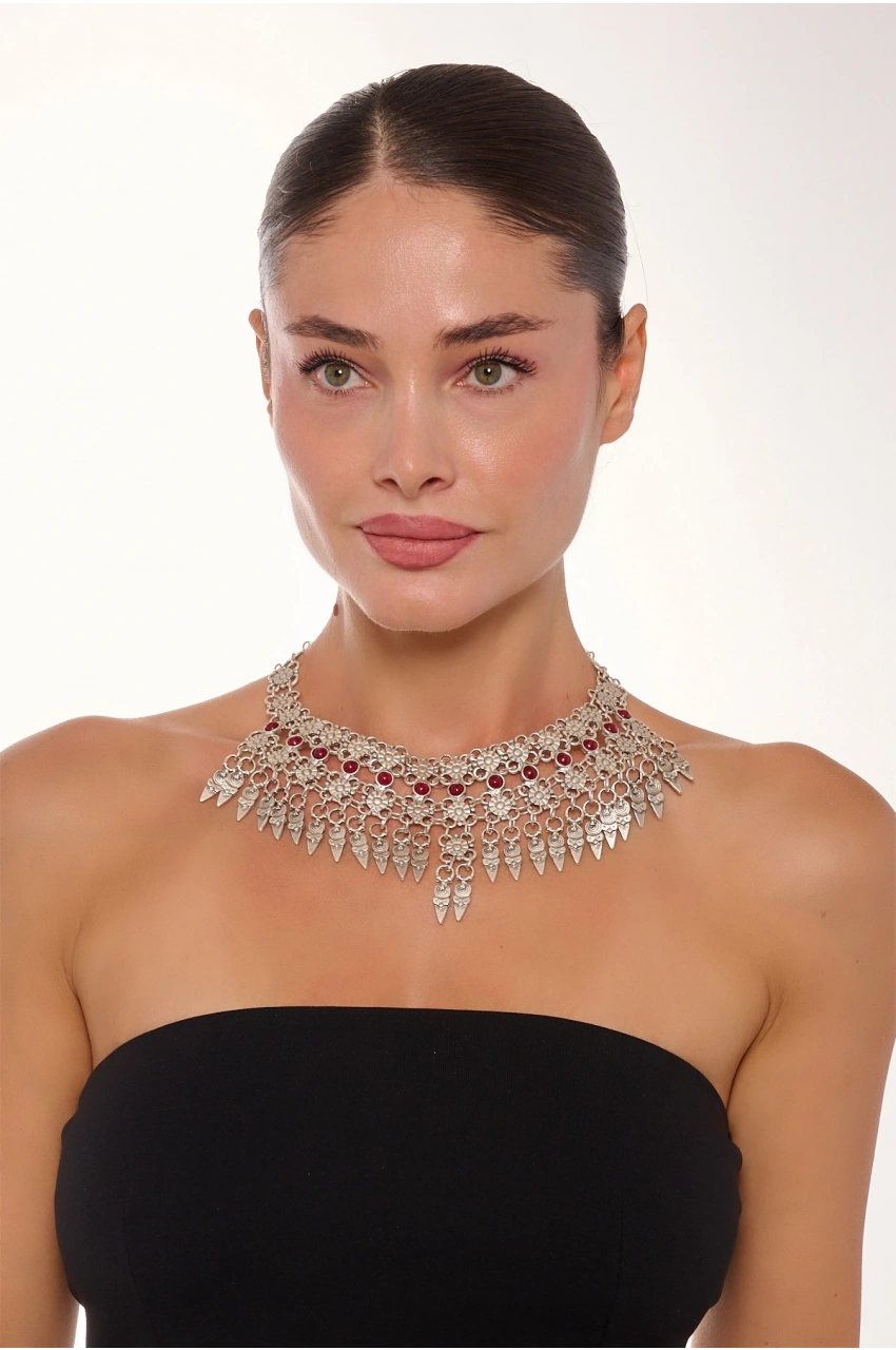 Kiraz Burgundy Stoned Silver Plated Necklace