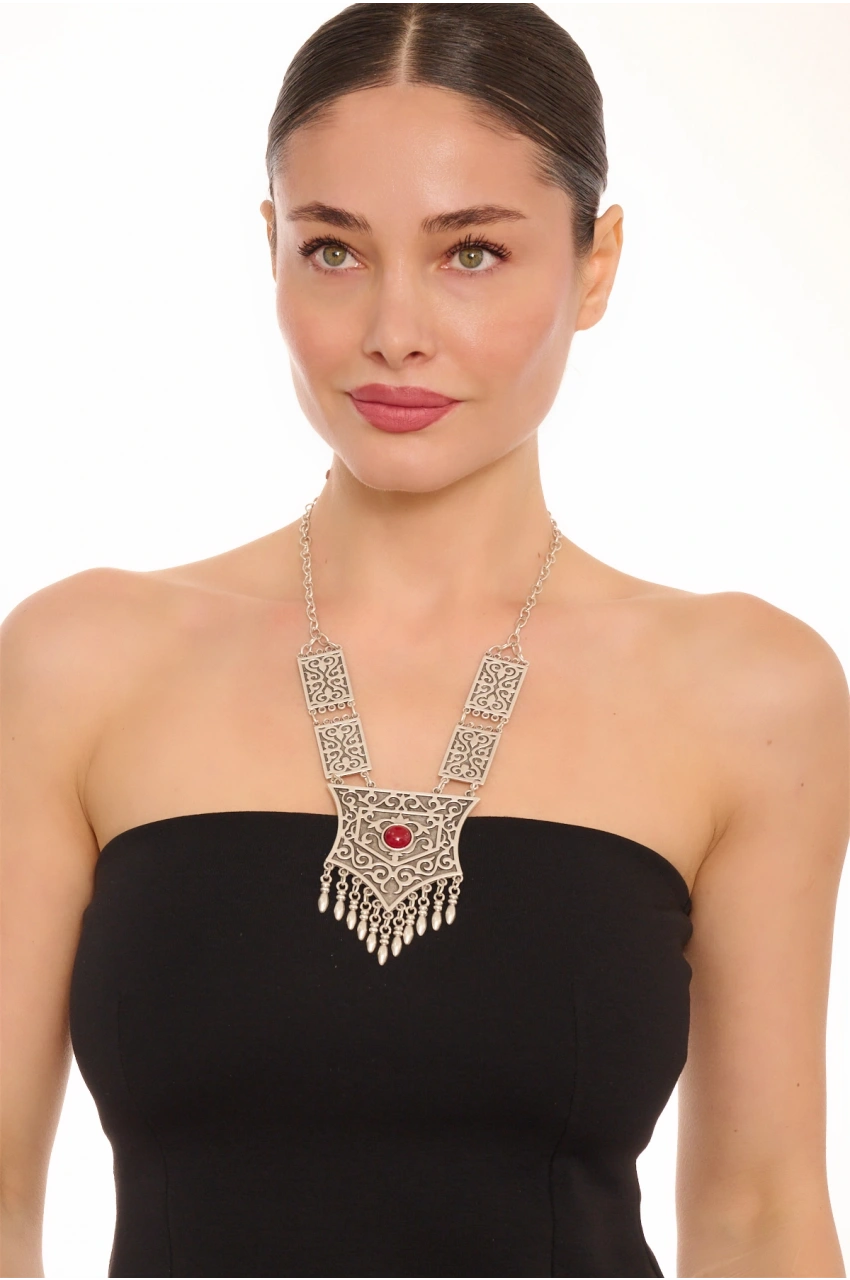 Kiraz Burgundy Stoned Silver Plated Necklace