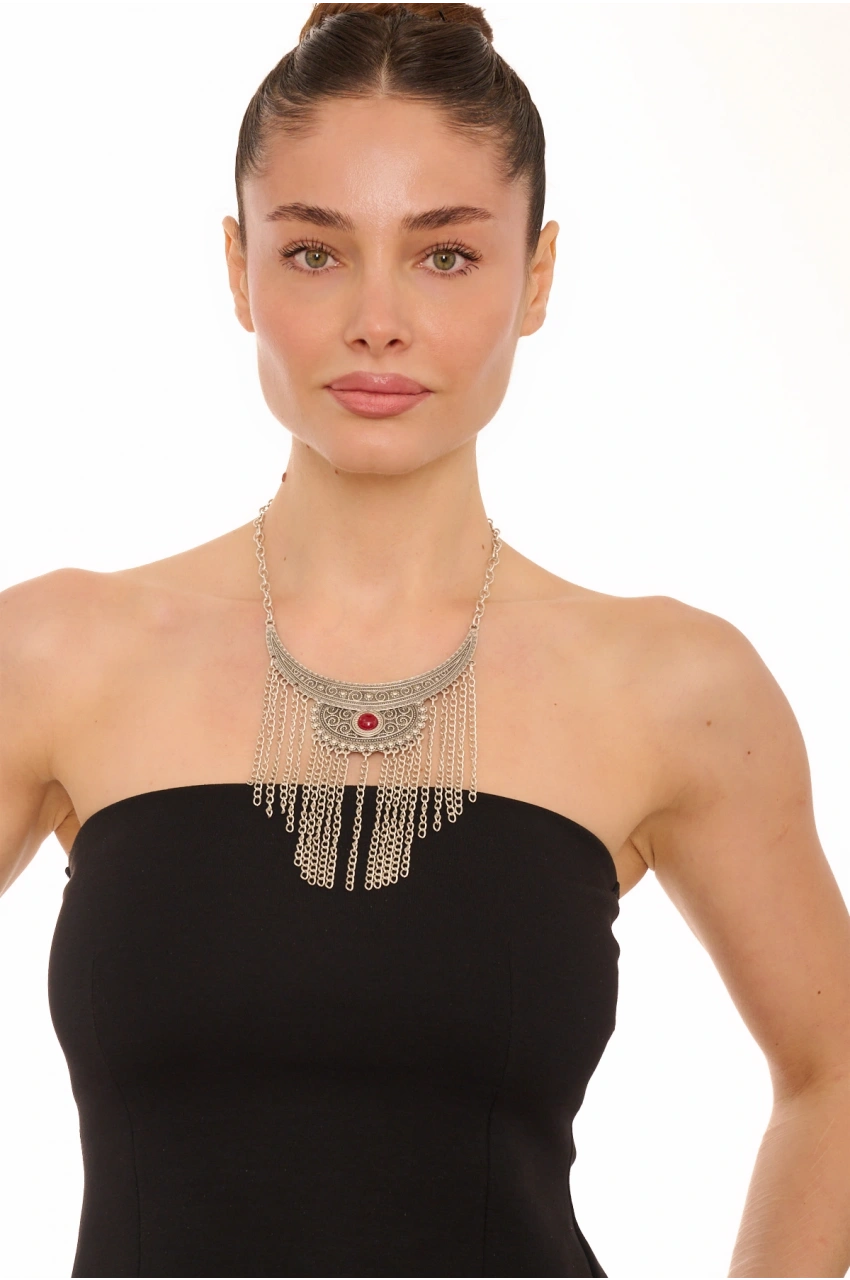 Kiraz Burgundy Stoned Silver Plated Necklace