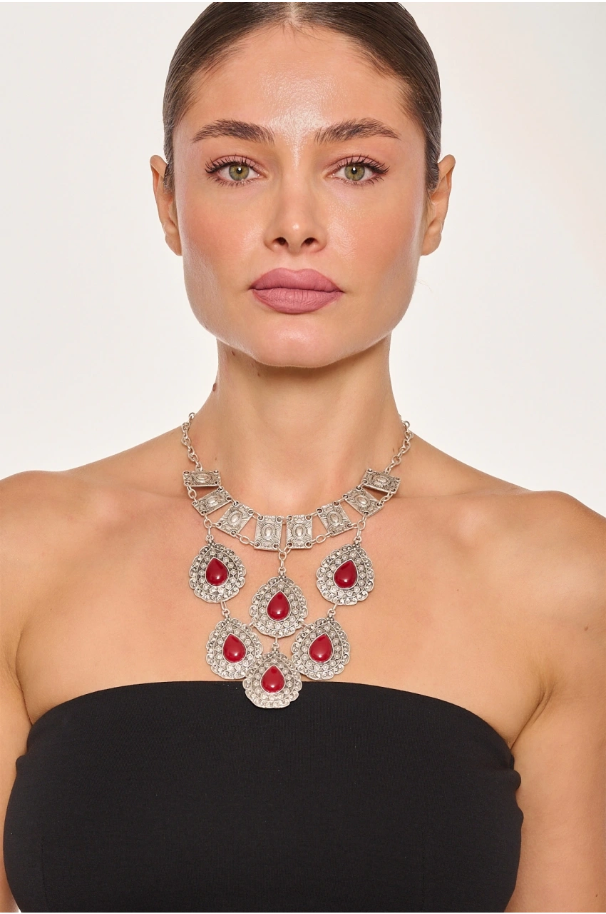 Kiraz Burgundy Stoned Silver Plated Necklace