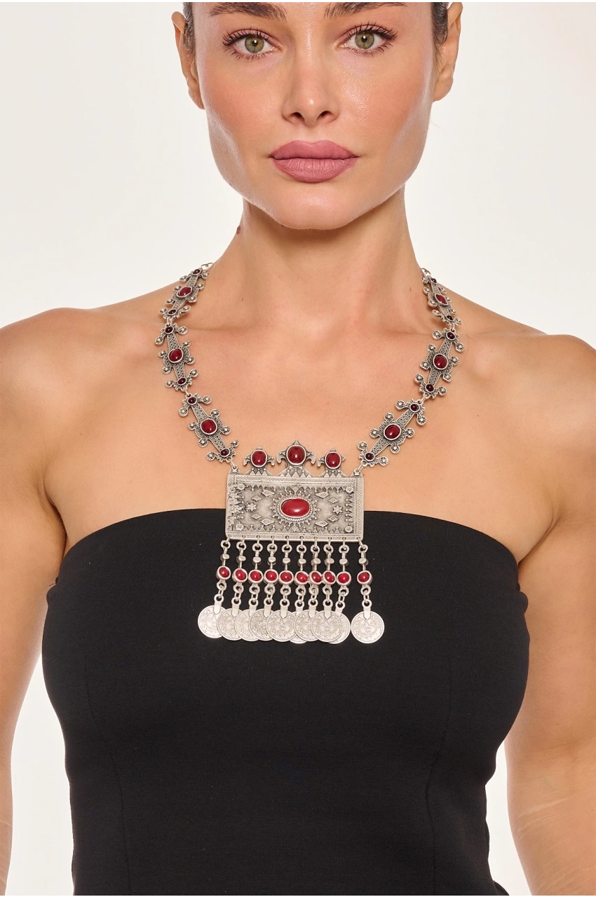 Kiraz Burgundy Stoned Silver Plated Necklace