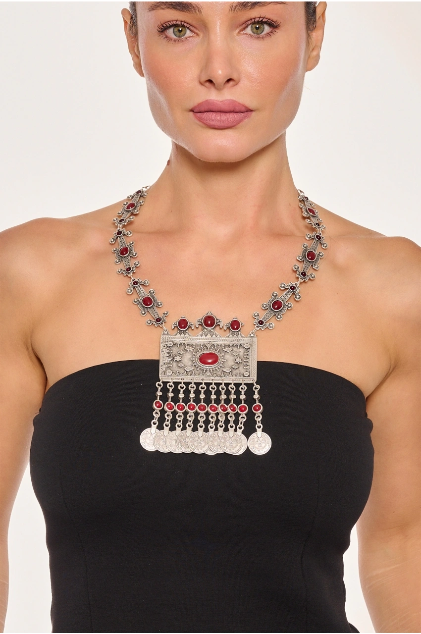 Kiraz Burgundy Stoned Silver Plated Necklace