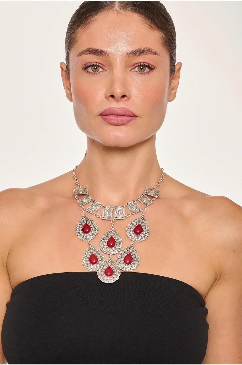 Kiraz Burgundy Stoned Silver Plated Necklace