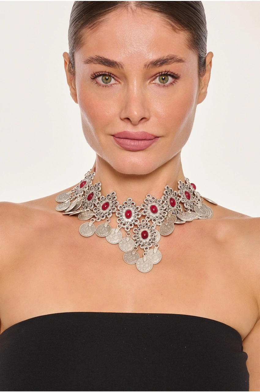 Kiraz Burgundy Stoned Silver Plated Necklace