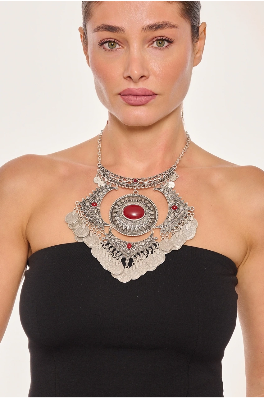 Kiraz Burgundy Stoned Silver Plated Necklace