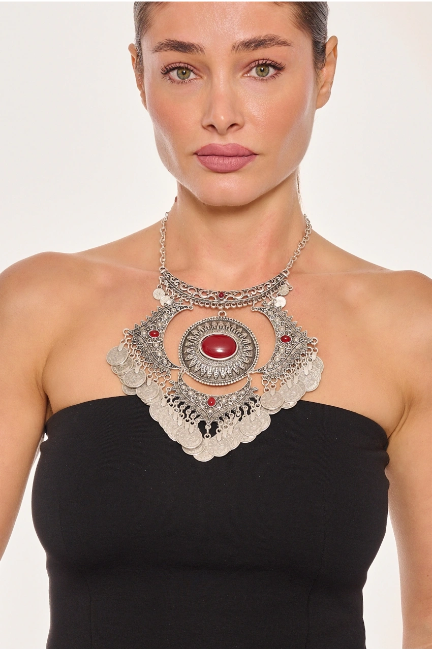 Kiraz Burgundy Stoned Silver Plated Necklace