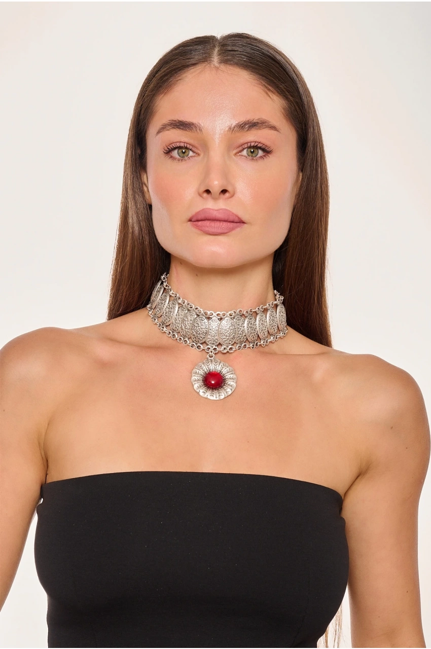 Kiraz Burgundy Stoned Silver Plated Necklace