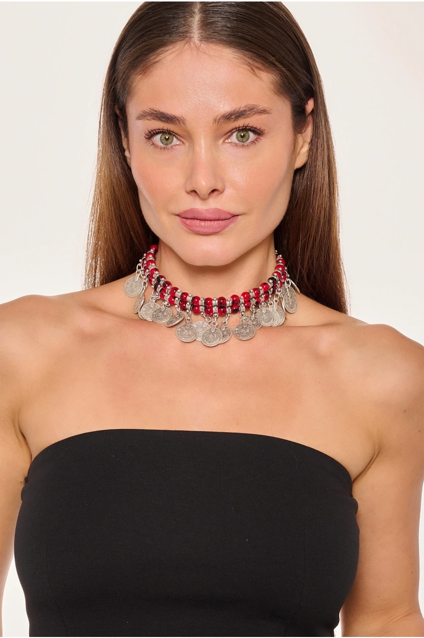 Kiraz Burgundy Beaded Silver Plated Necklace