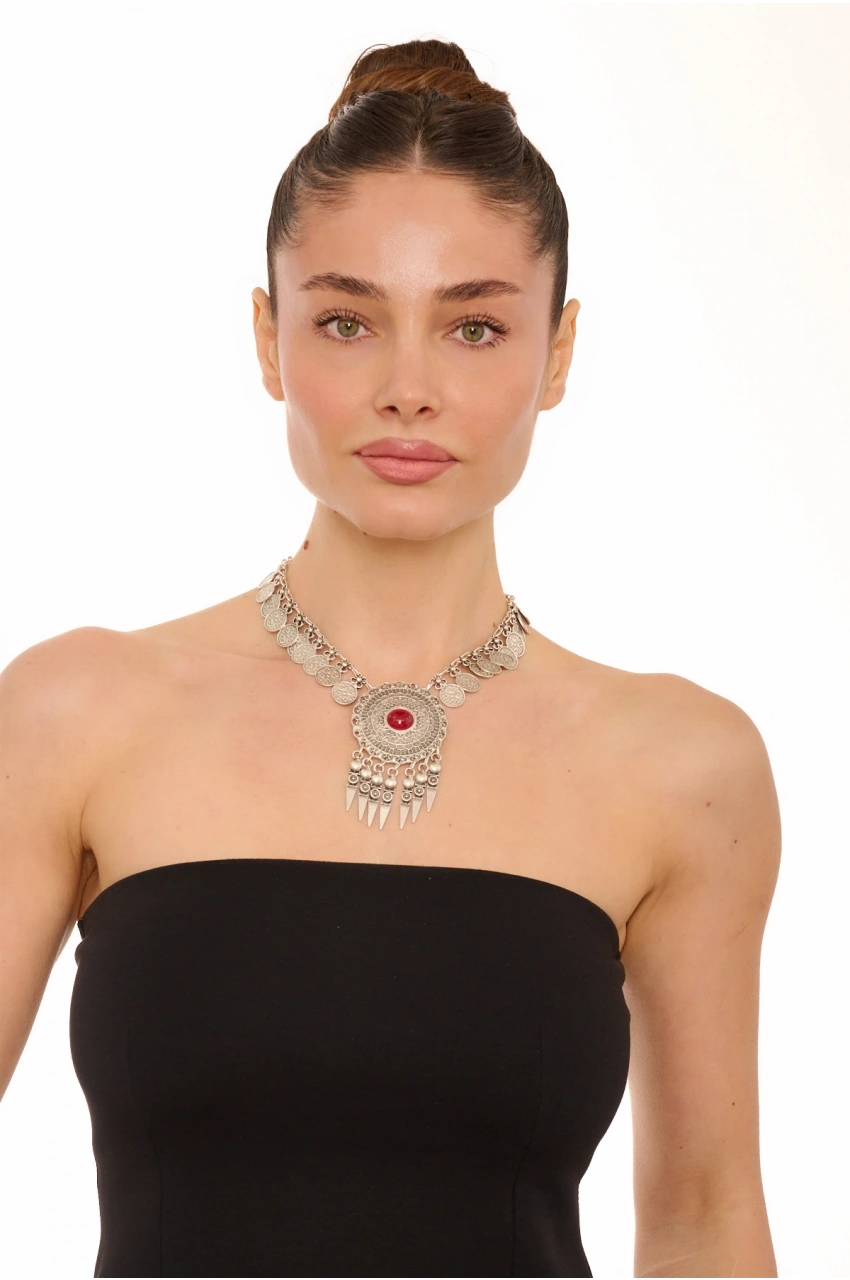 Kiraz Burgundy Stoned Silver Plated Necklace