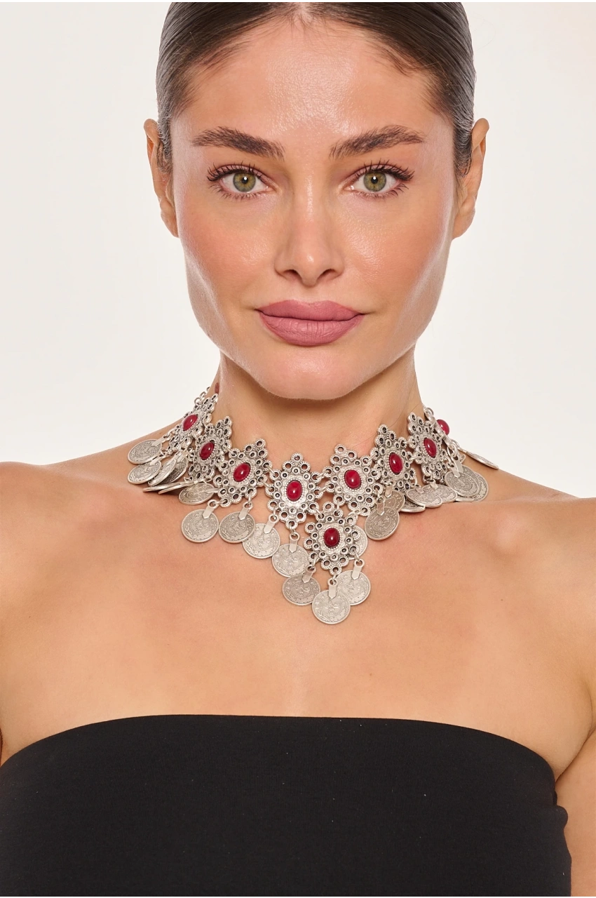 Kiraz Burgundy Stoned Silver Plated Necklace