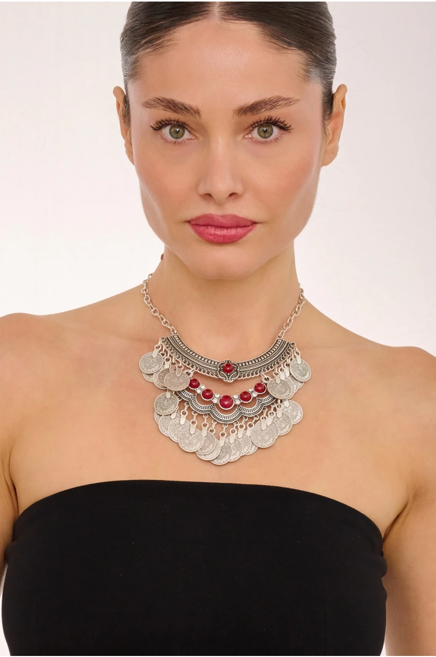 Kiraz Burgundy Stoned Silver Plated Necklace