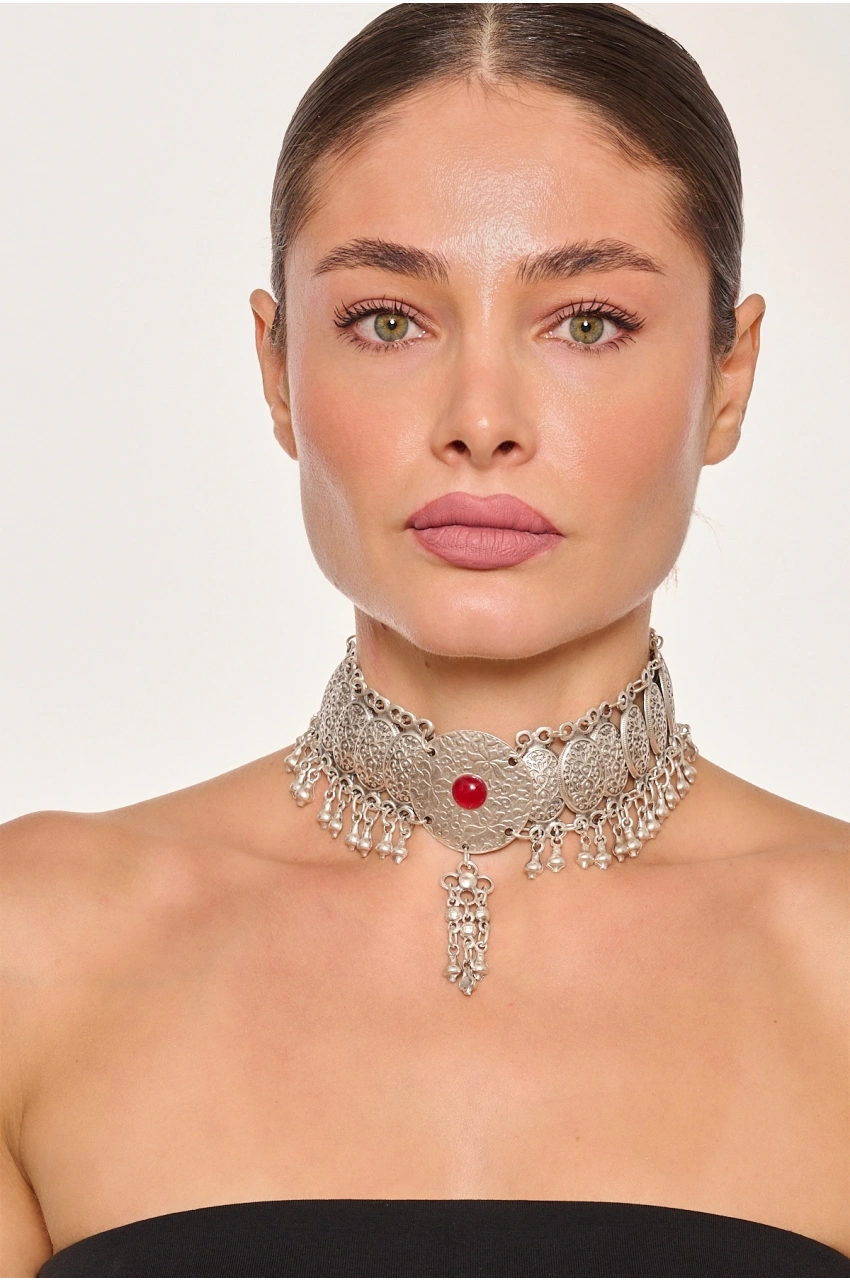 Kiraz Burgundy Stoned Silver Plated Necklace