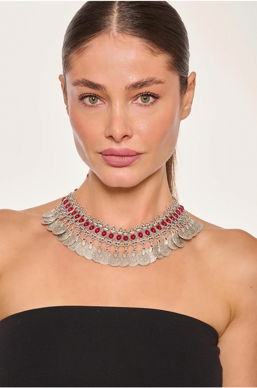 Kiraz Burgundy Stoned Silver Plated Necklace