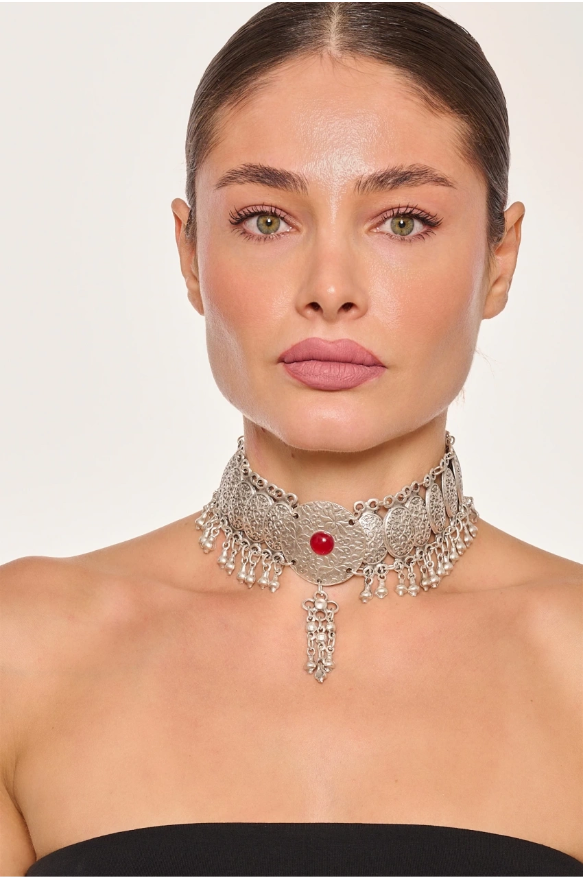 Kiraz Burgundy Stoned Silver Plated Necklace