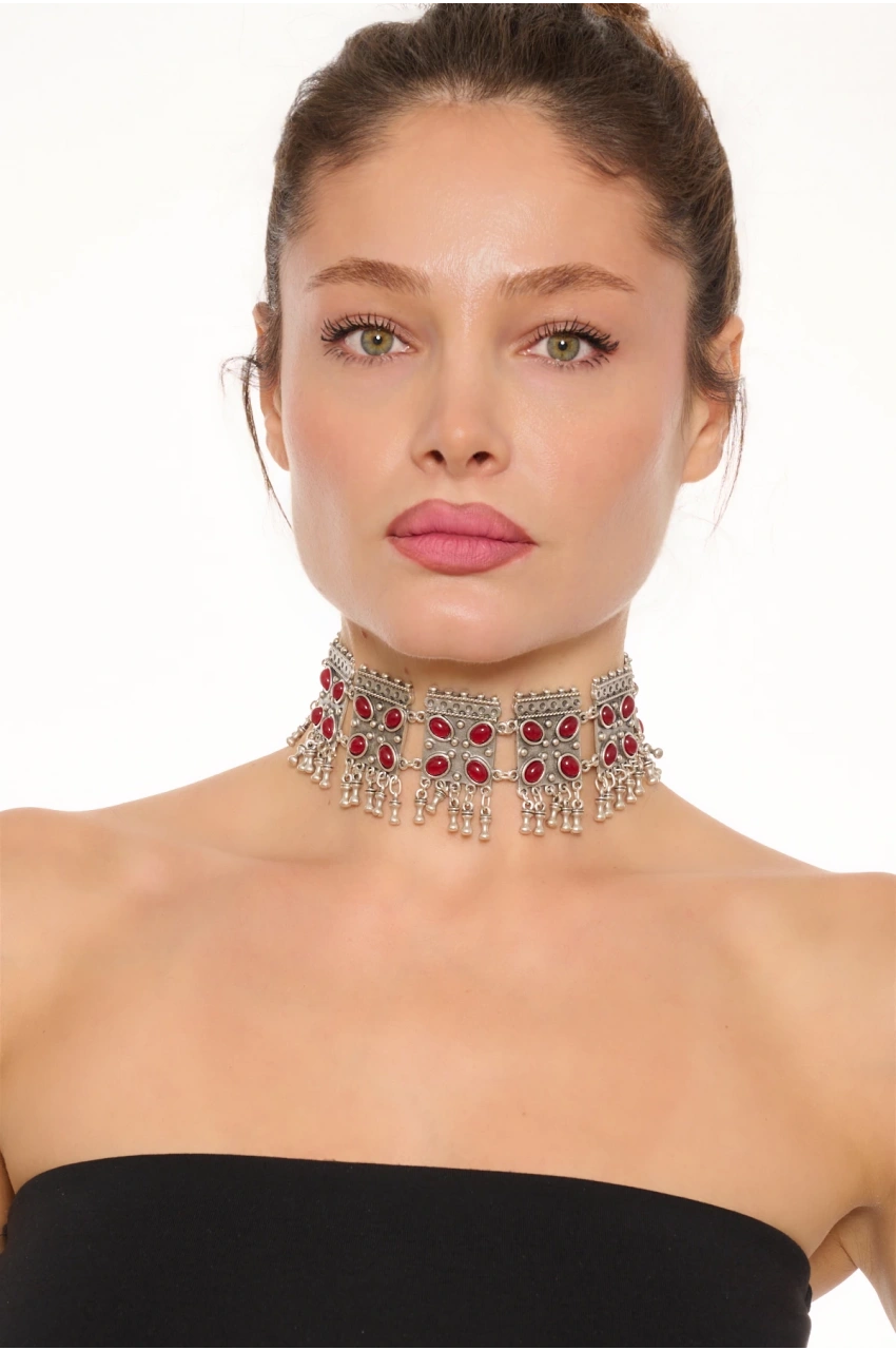 Kiraz Burgundy Stoned Silver Plated Necklace