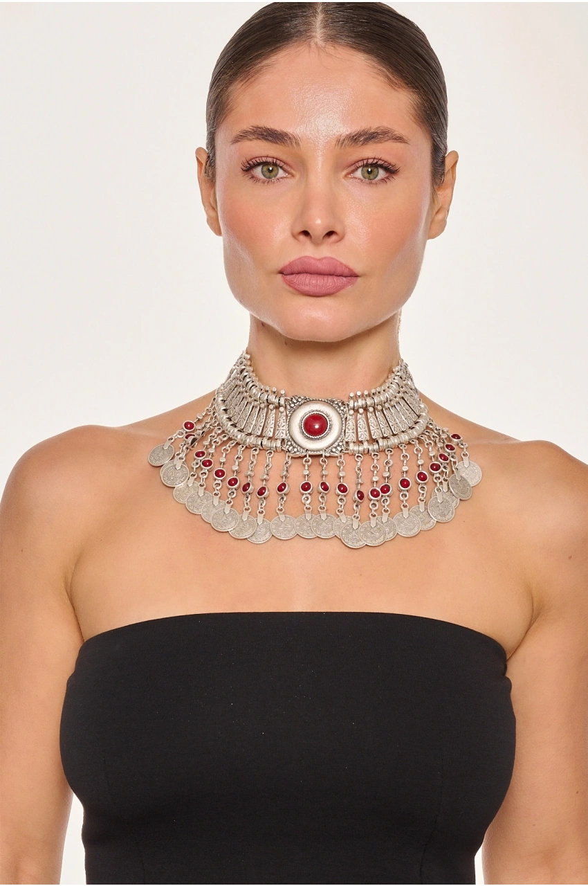 Kiraz Burgundy Stoned Silver Plated Cleopatra Necklace
