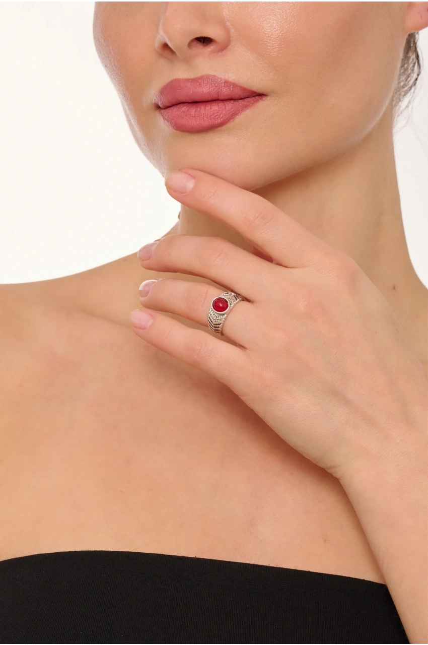 Kiraz Burgundy Stoned Silver Plated Ring