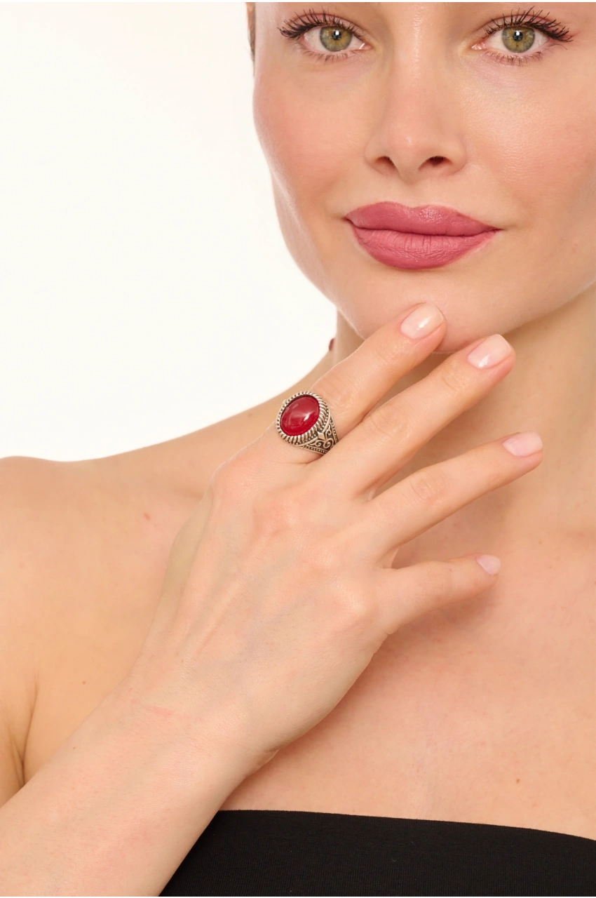 Kiraz Burgundy Stoned Silver Plated Ring