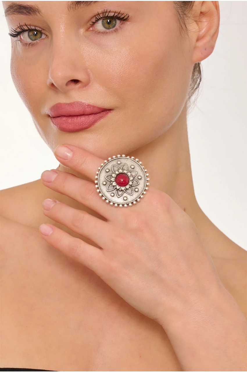 Kiraz Burgundy Stoned Silver Plated Ring