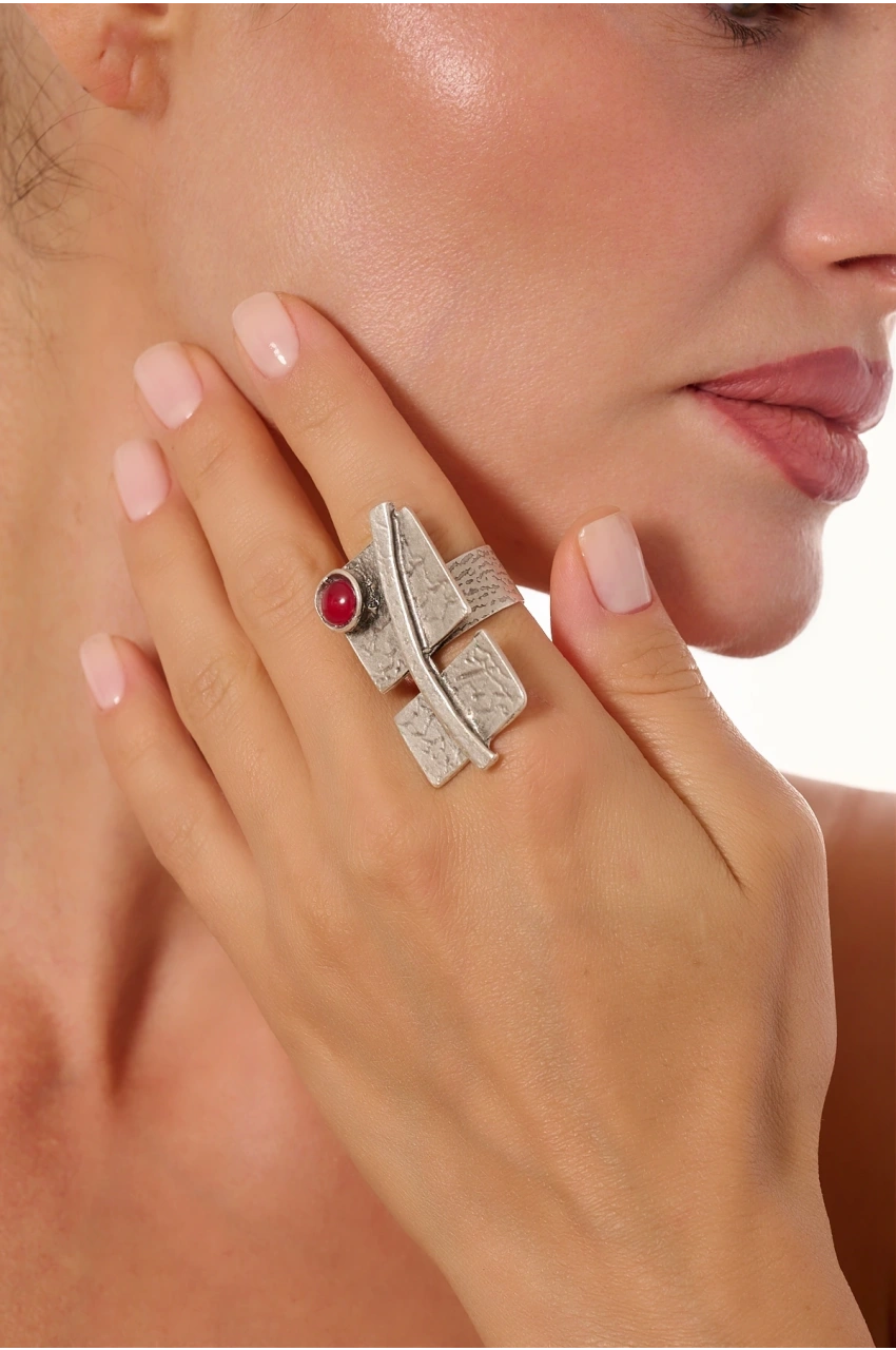 Kiraz Burgundy Stoned Silver Plated Ring