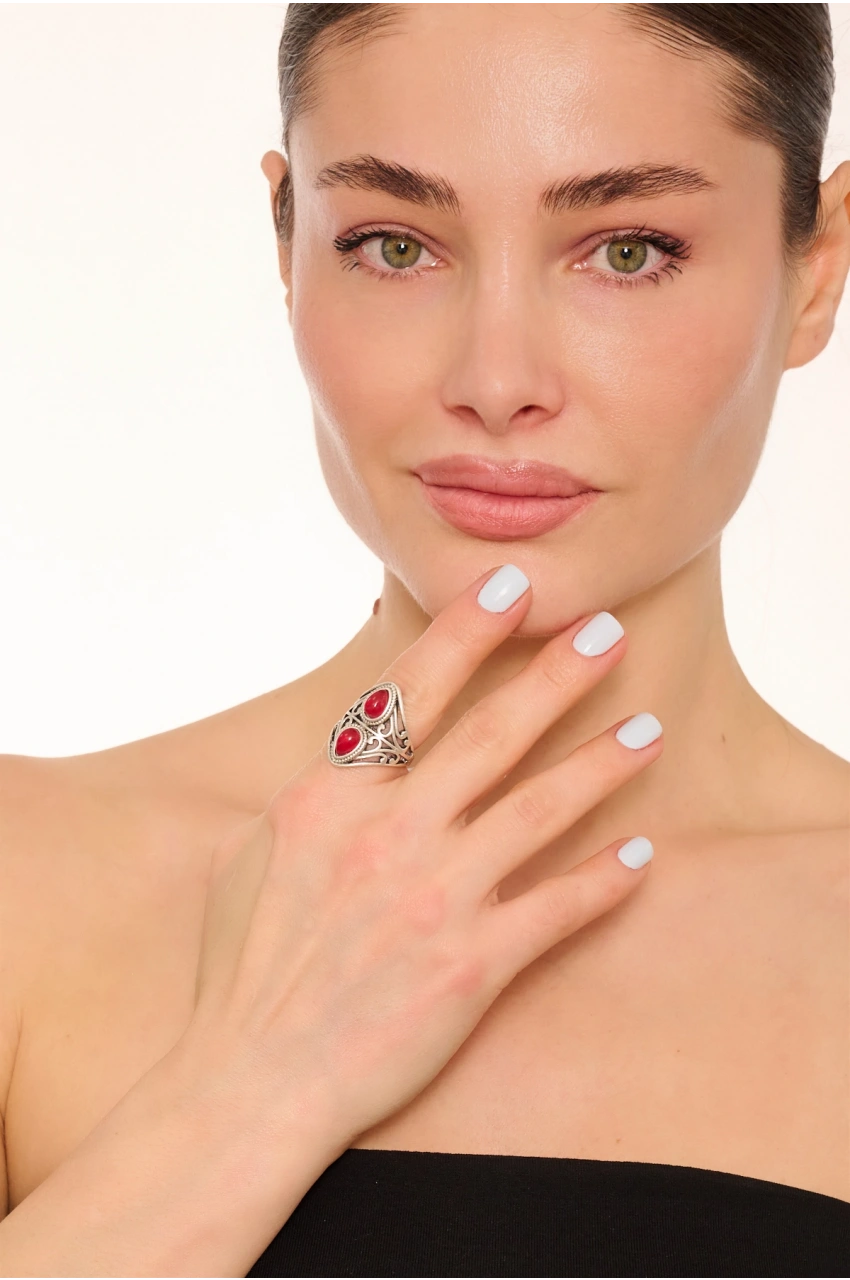Kiraz Burgundy Stoned Silver Plated Ring