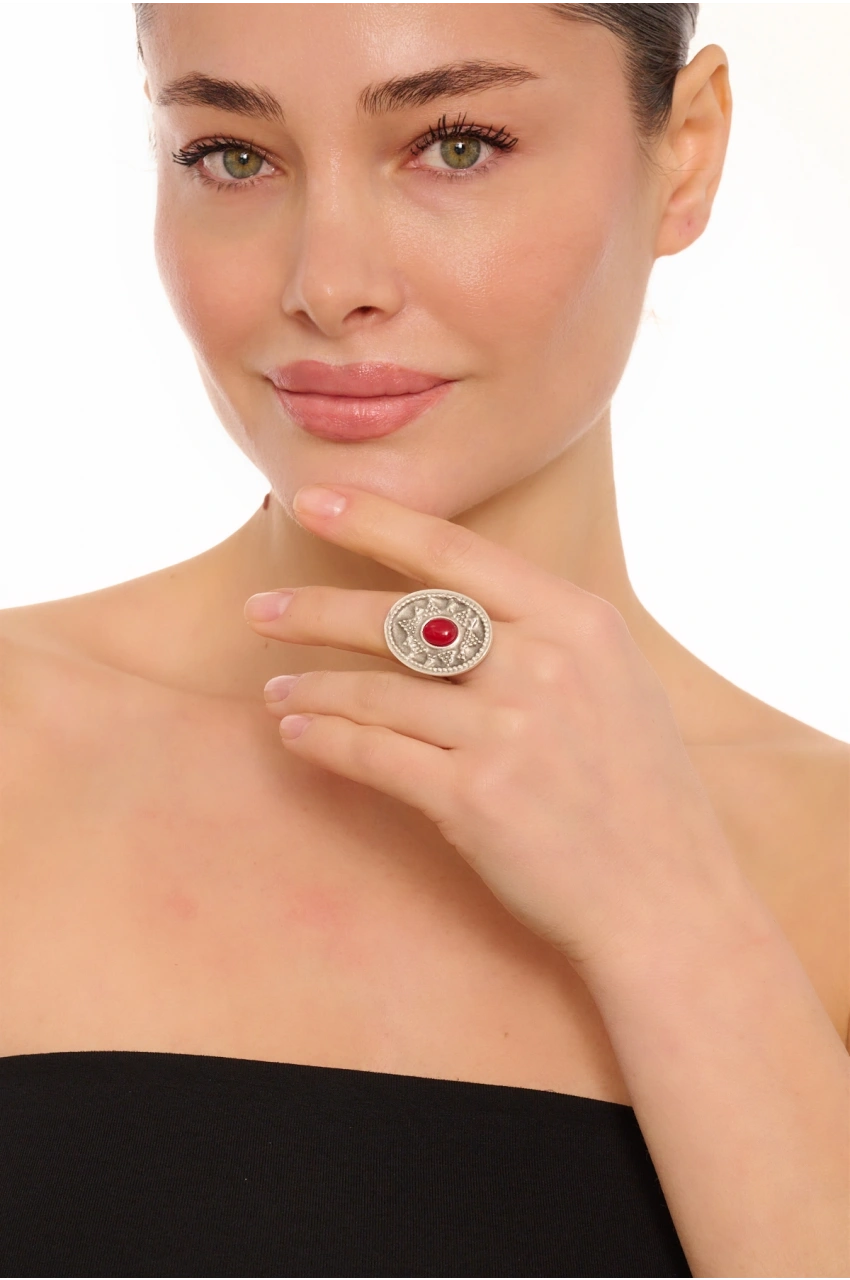 Kiraz Burgundy Stoned Silver Plated Ring