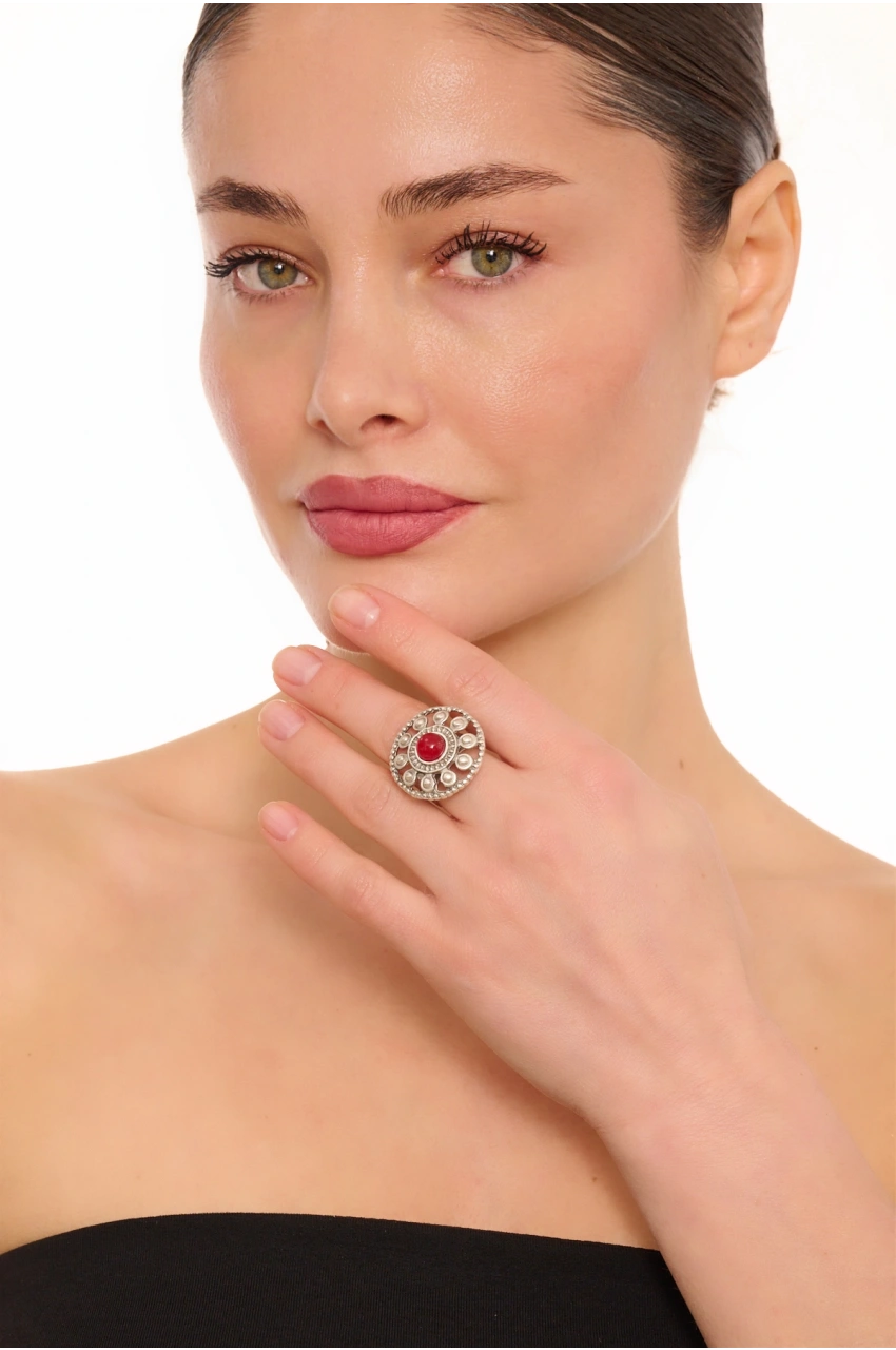 Kiraz Burgundy Stoned Silver Plated Ring