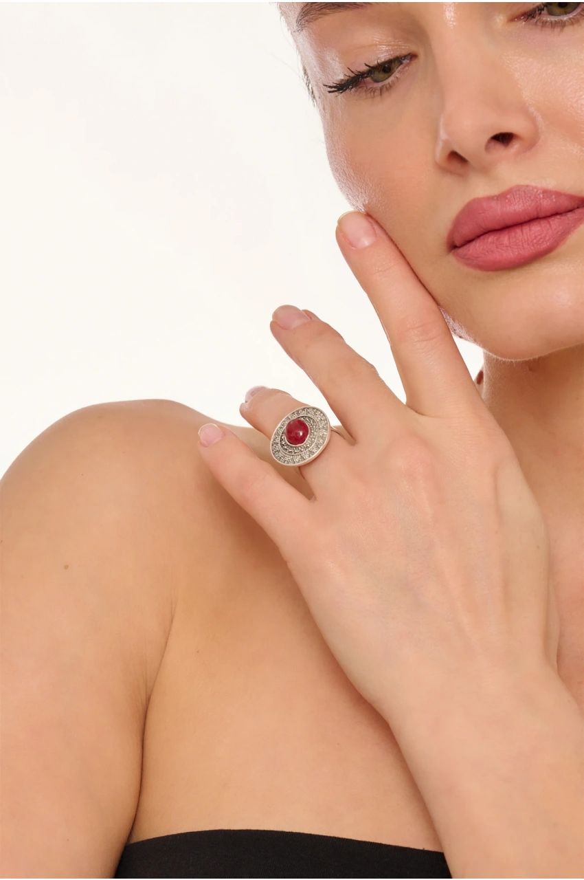 Kiraz Burgundy Stoned Silver Plated Ring