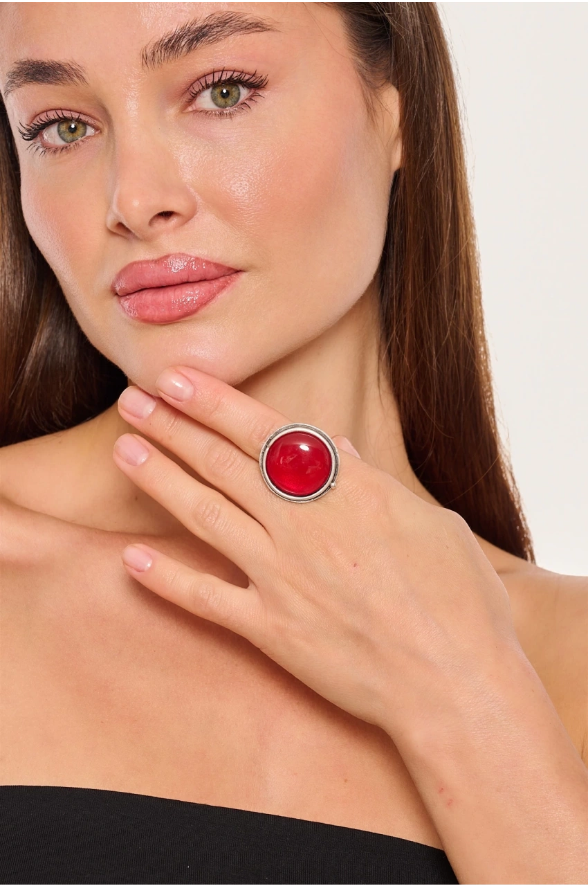 Kiraz Burgundy Stoned Silver Plated Ring