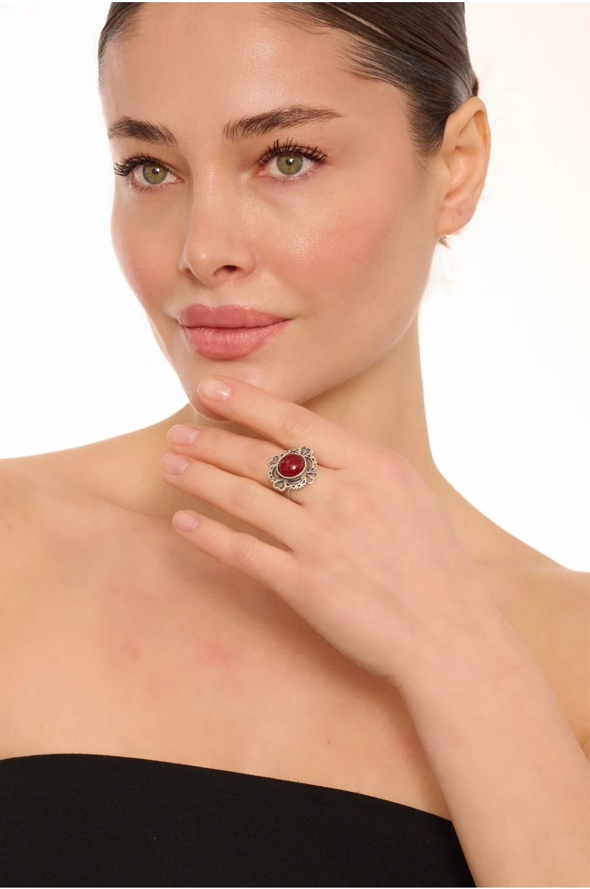 Kiraz Burgundy Stoned Silver Plated Ring