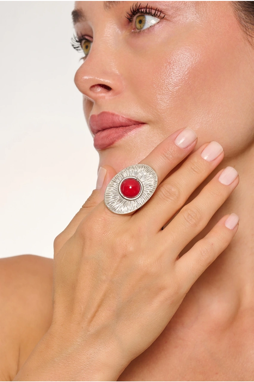 Kiraz Burgundy Stoned Silver Plated Ring