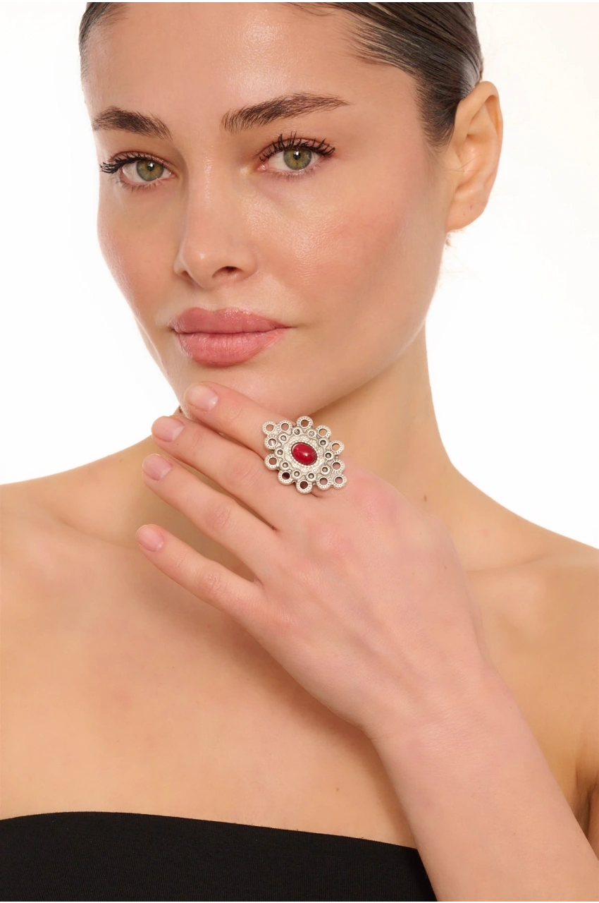 Kiraz Burgundy Stoned Silver Plated Ring