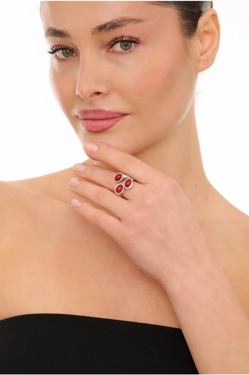 Kiraz Burgundy Stoned Silver Plated Ring