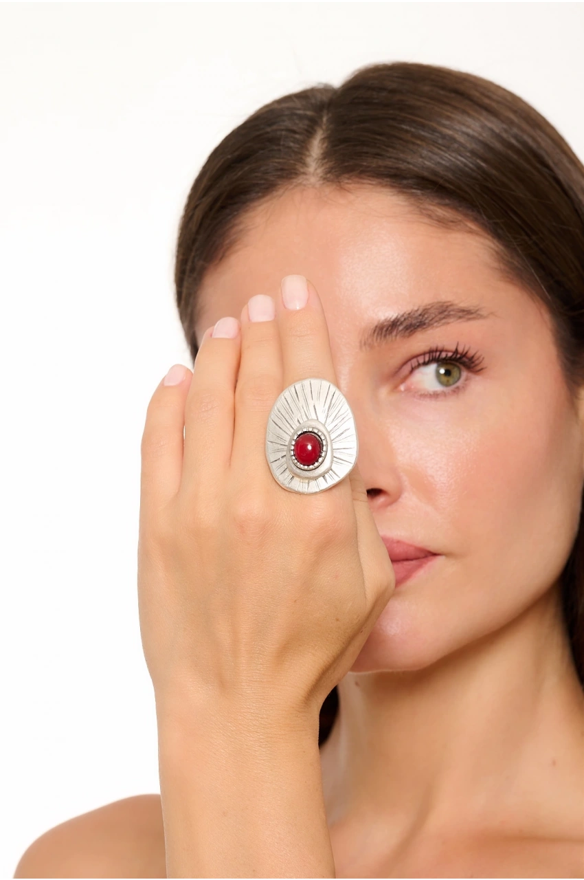 Kiraz Burgundy Stoned Silver Plated Ring