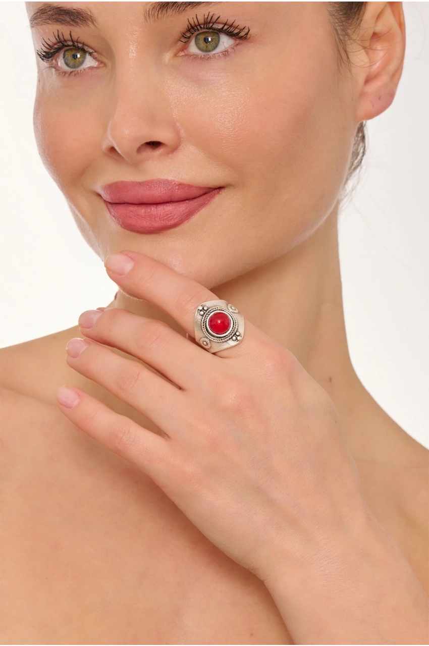 Kiraz Burgundy Stoned Silver Plated Ring