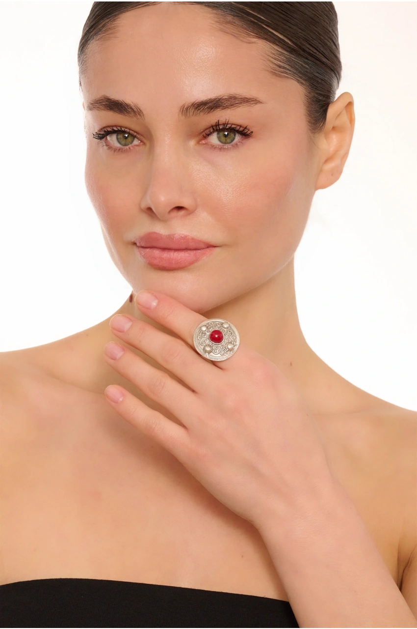 Kiraz Burgundy Stoned Silver Plated Ring