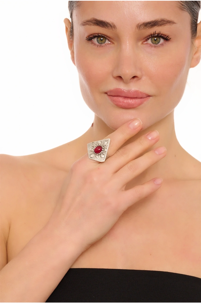 Kiraz Burgundy Stoned Silver Plated Ring