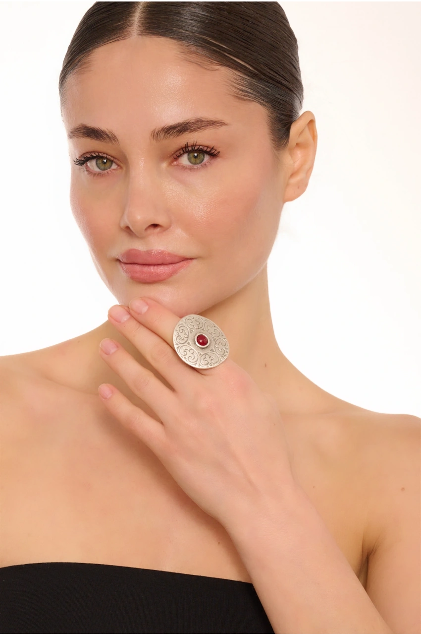 Kiraz Burgundy Stoned Silver Plated Ring