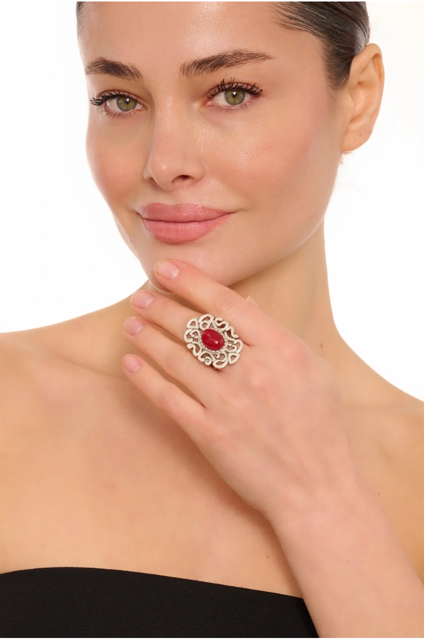 Kiraz Burgundy Stoned Silver Plated Ring