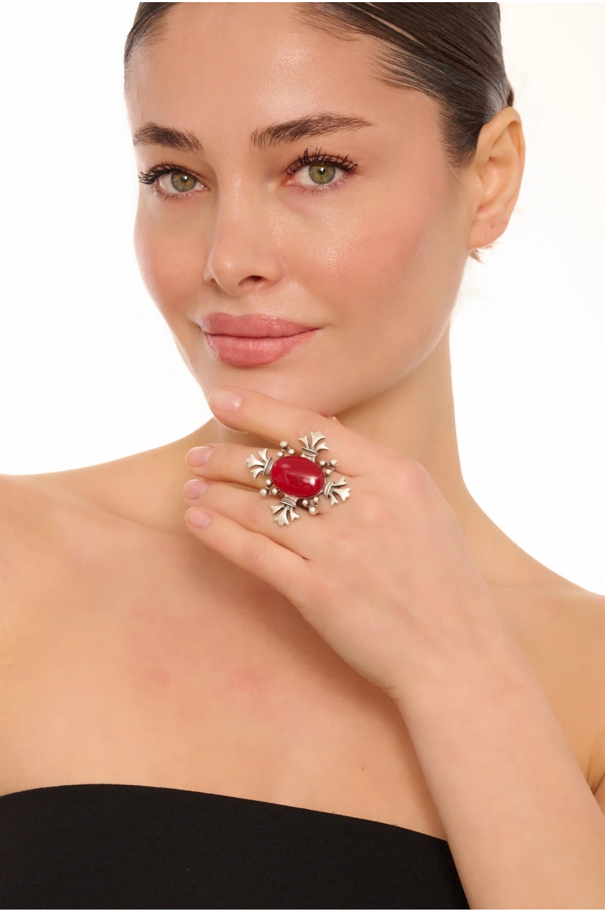 Kiraz Burgundy Stoned Silver Plated Ring