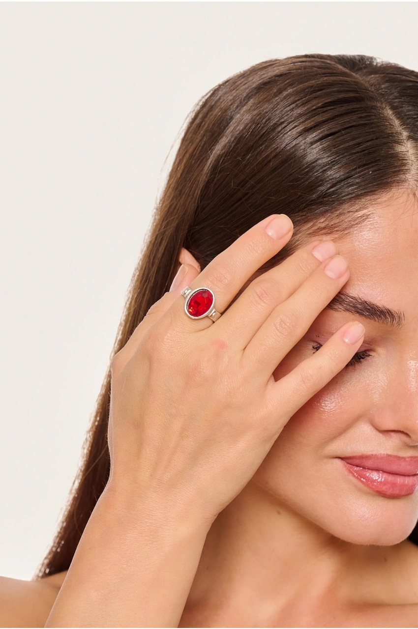 Kiraz Burgundy Stoned Silver Plated Ring