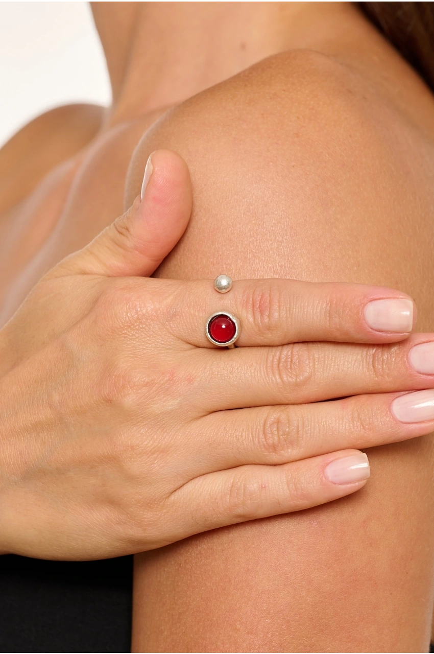 Kiraz Burgundy Stoned Silver Plated Ring