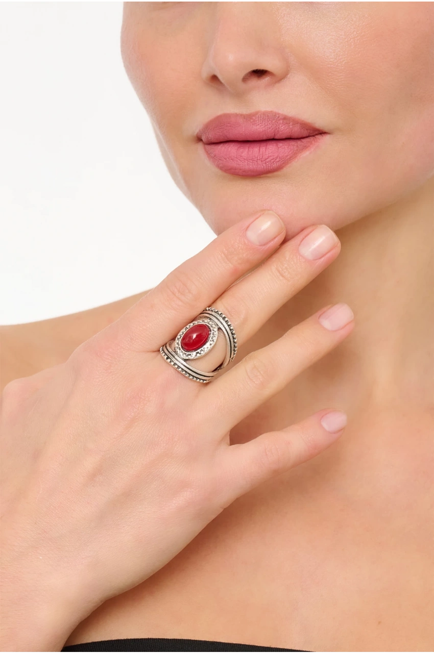 Kiraz Burgundy Stoned Silver Plated Ring