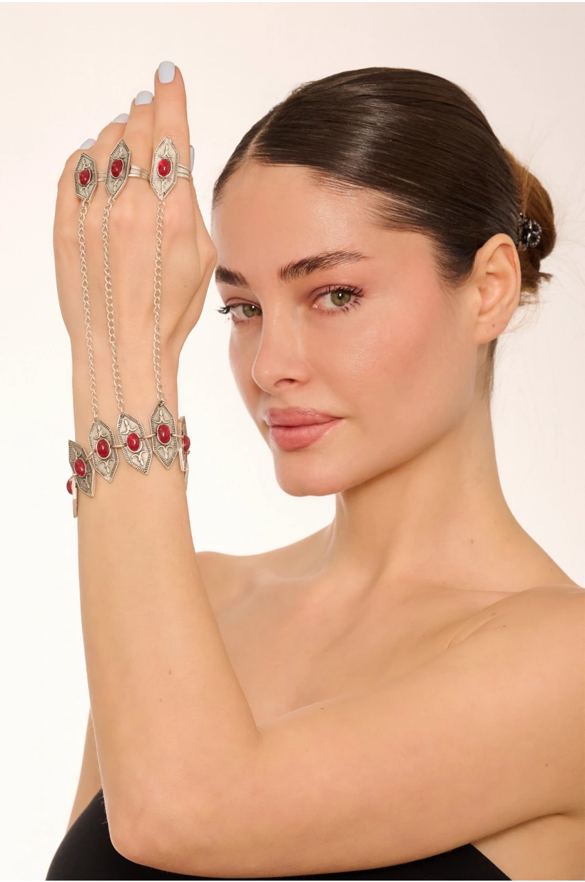 Kiraz Burgundy Stoned Silver Plated Shahmaran Bracelet