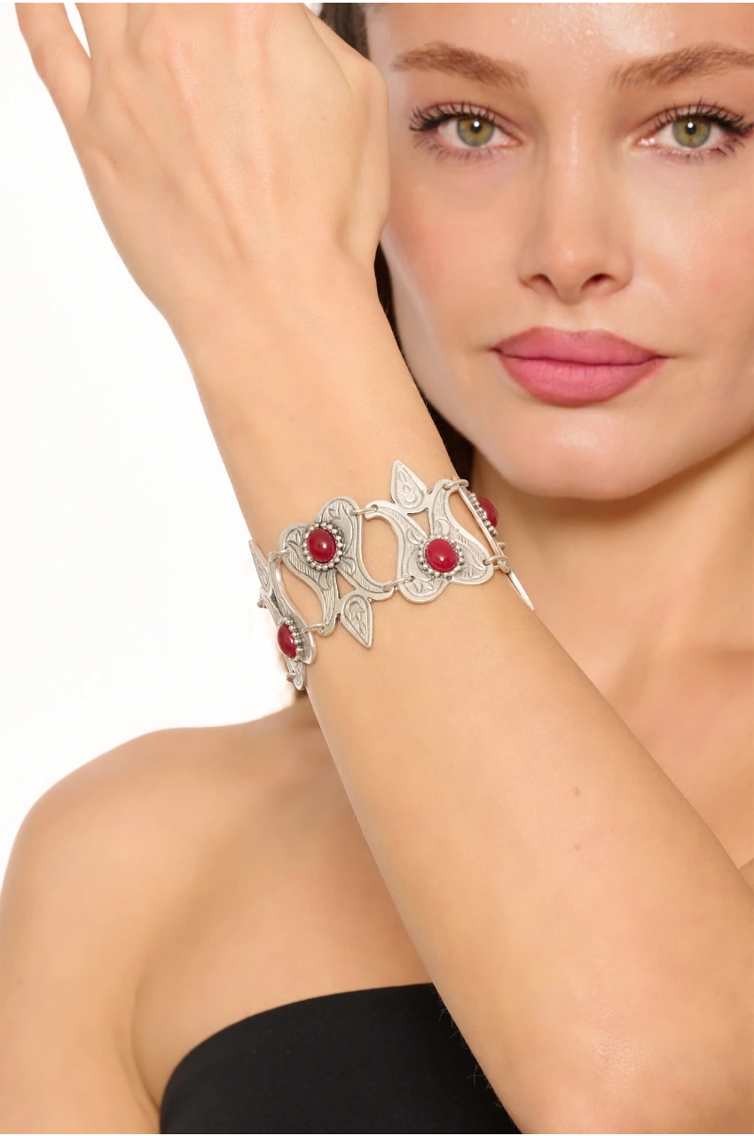 Kiraz Burgundy Stoned Silver Plated Tulip Bracelet