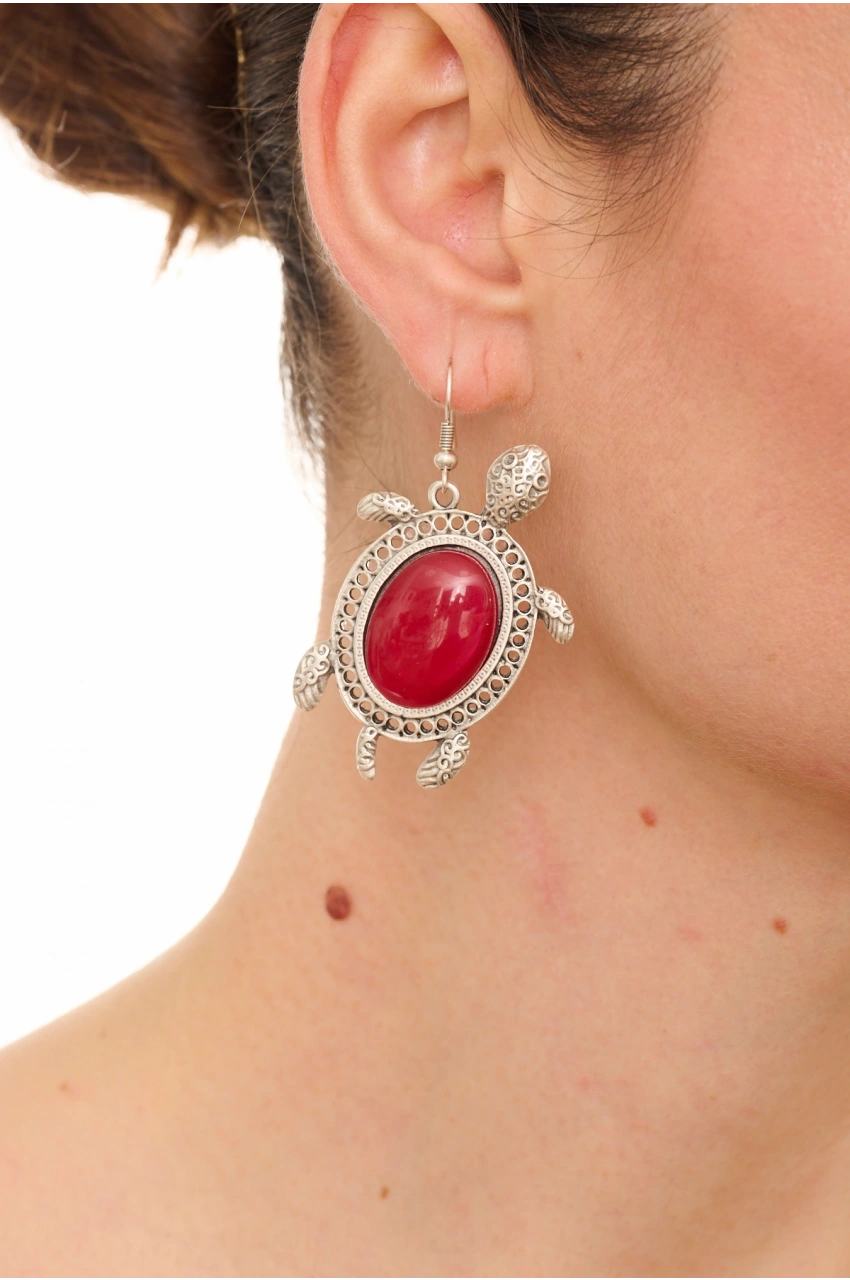 Kiraz Burgundy Stoned Silver Plated Turtle Earring